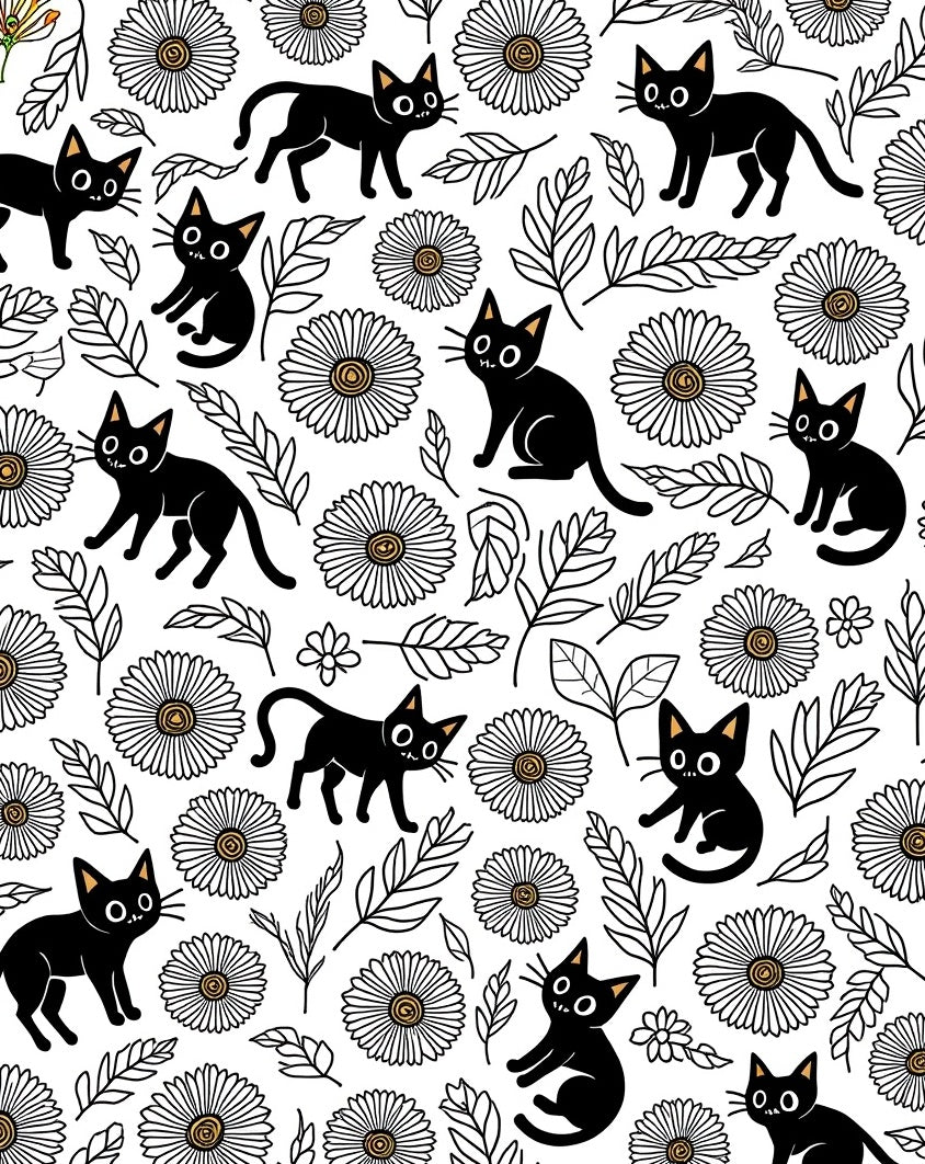 Black Cats Daisies Patterned Rug