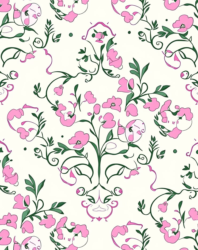 Pink Green Floral Damask Style Design Rug