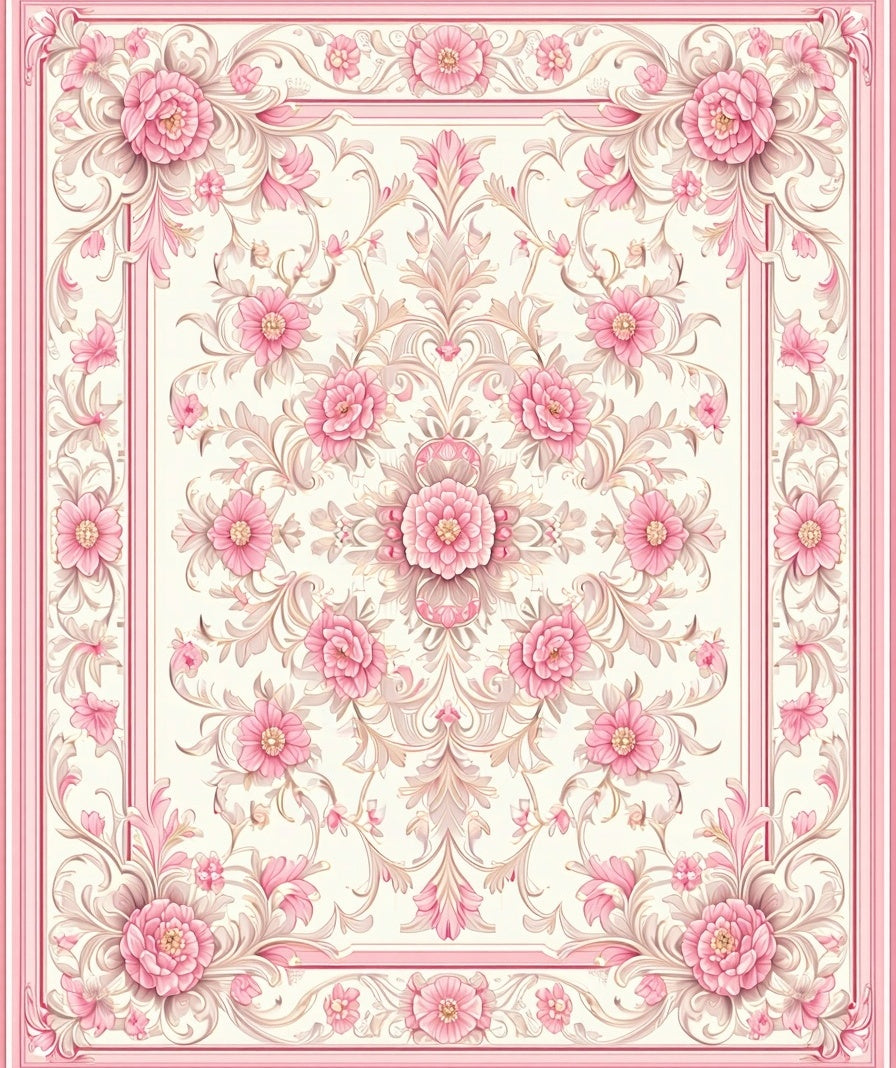 Soft Pink Floral Scrollwork Pattern Rug