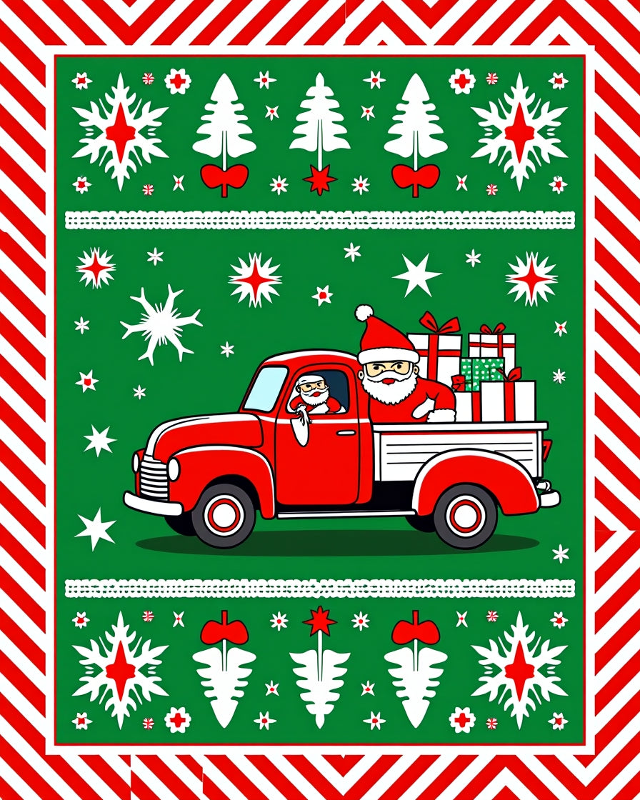 Vintage RedTruck Santa Hat Christmas Snowflakes Rug