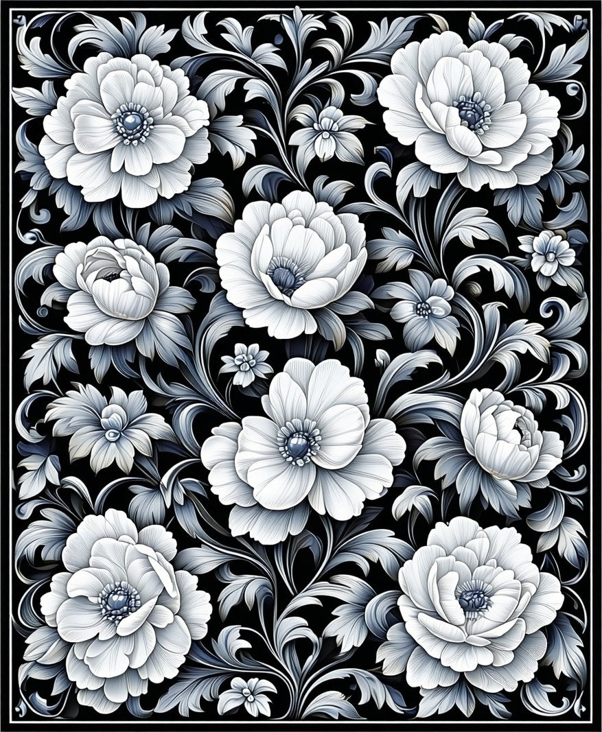 Monochromatic Floral Scroll Pattern Rug