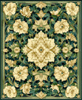 Intricate Floral Patterned Green Gold Rug