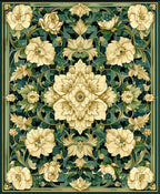 Intricate Floral Patterned Green Gold Rug