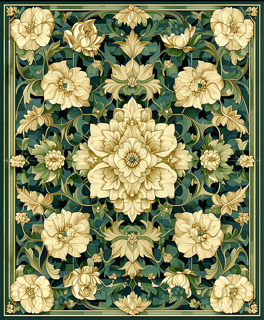 Intricate Floral Patterned Green Gold Rug