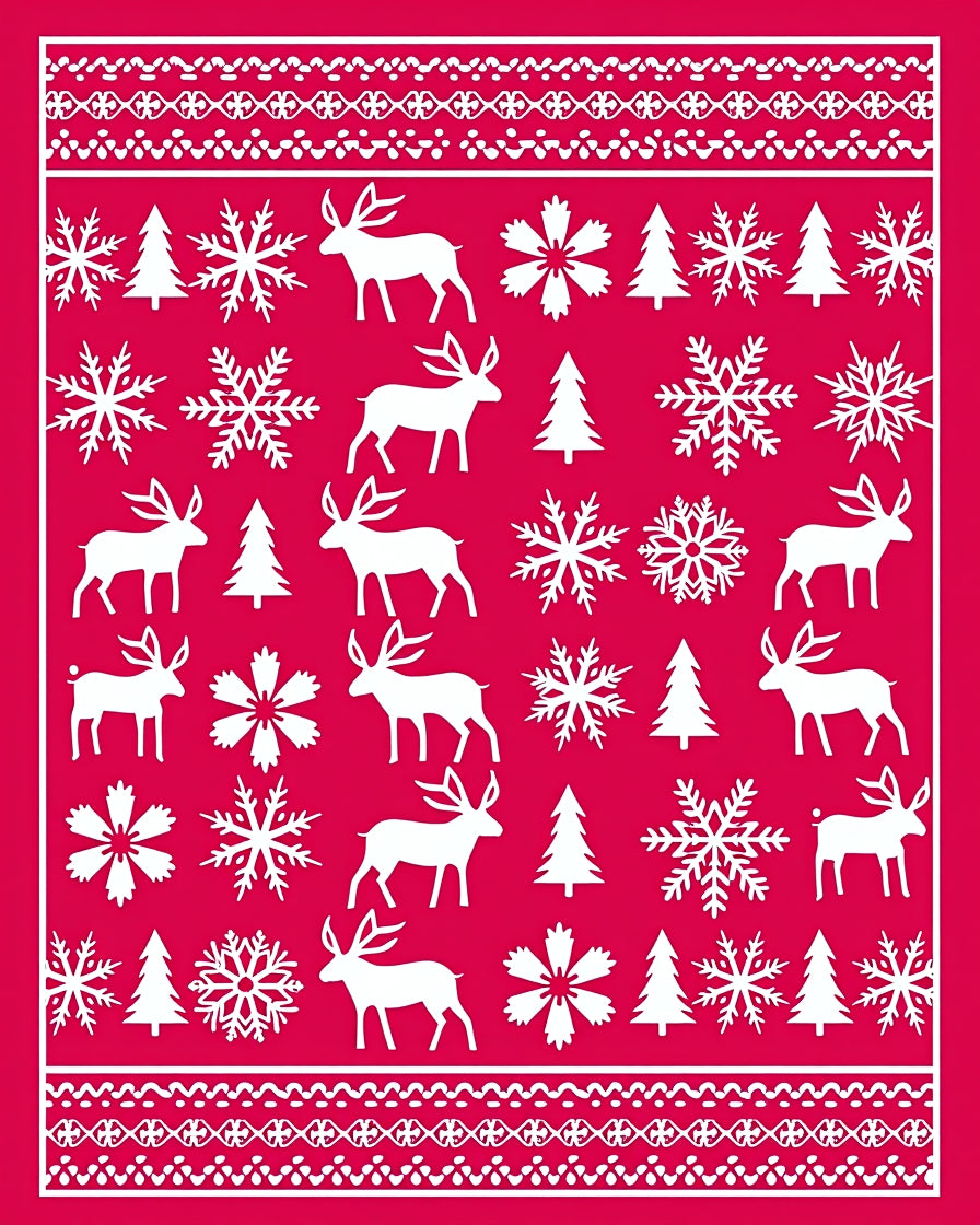 Red White Reindeer Snowflake Trees Rug