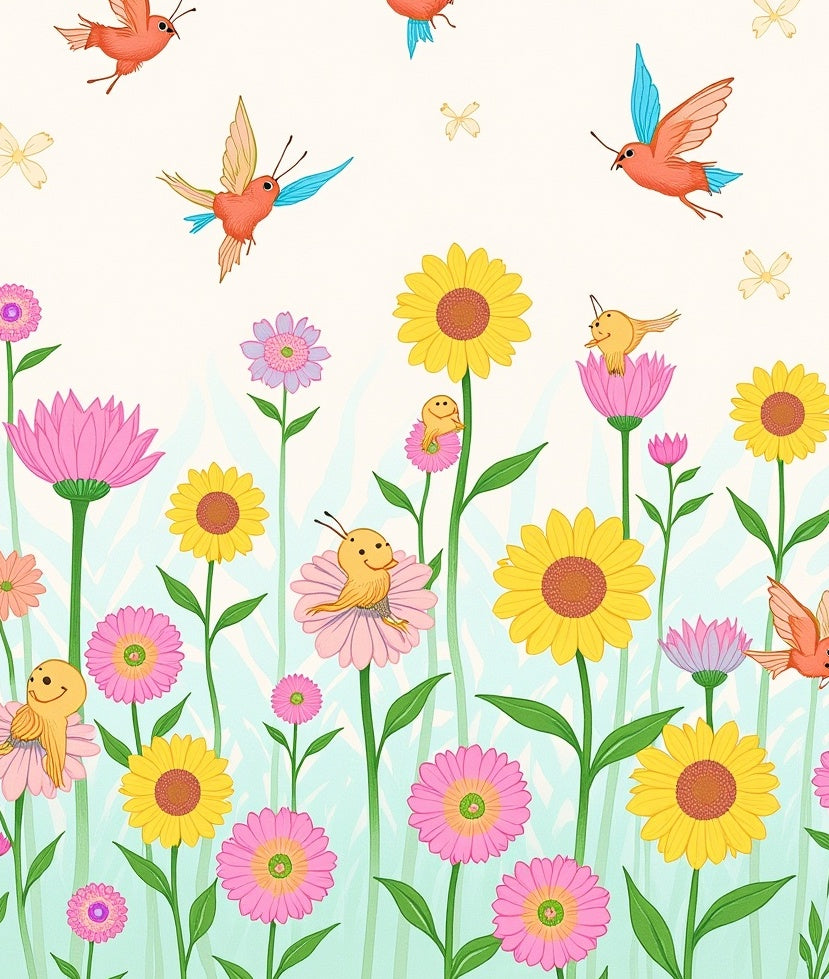 Whimsical Flying Birds Flower Garden Design Rug