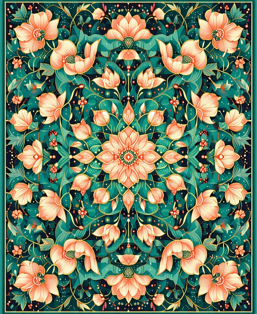 Floral Mandala Emerald Peach Design Rug