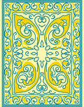 Yellow Blue Symmetrical Scrollwork Design Rug