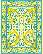 Yellow Blue Symmetrical Scrollwork Design Rug