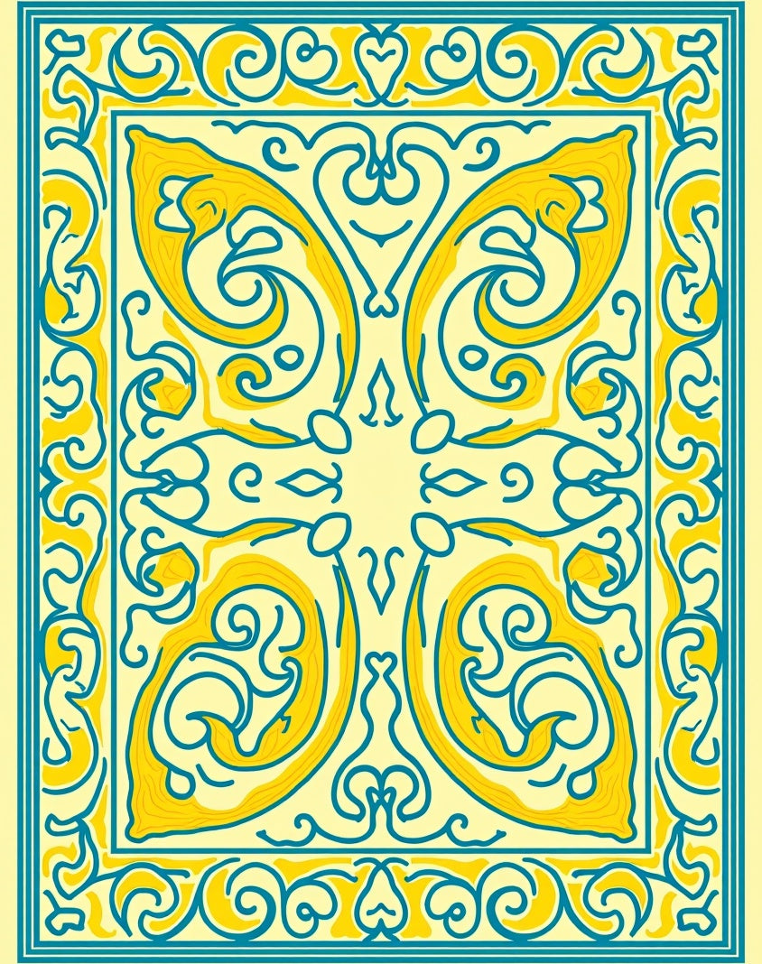 Yellow Blue Symmetrical Scrollwork Design Rug