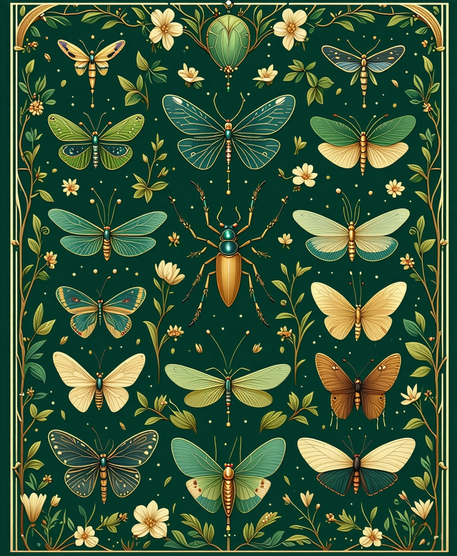 Emerald Green Insect Floral Pattern Rug