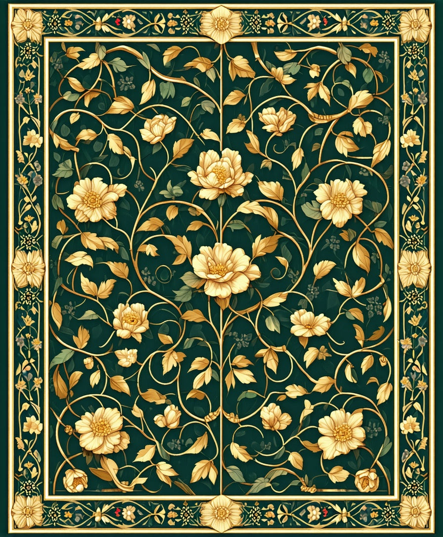 Elaborate Floral Vine Gold Pattern Rug