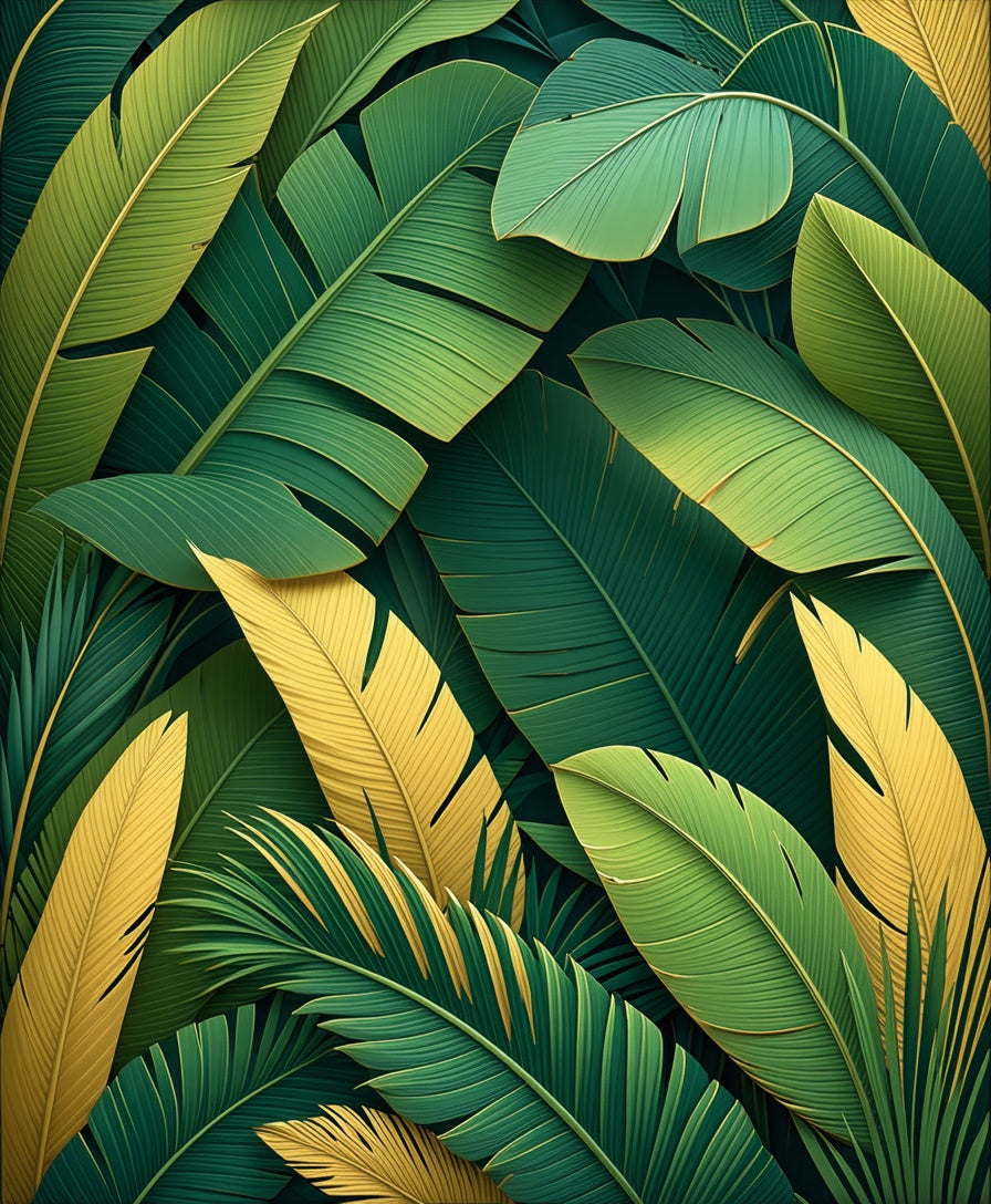 Tropical Leaf Patterned Green Gold Rug