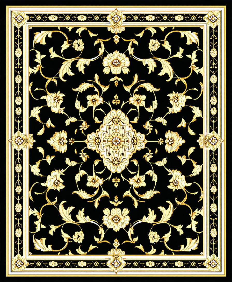 Black Gold Floral Medallion Rug