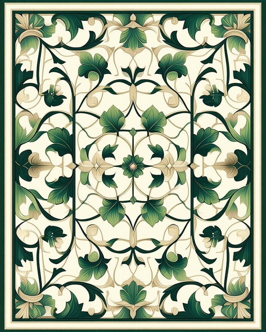 Elegant Green Cream Floral Medallion Rug