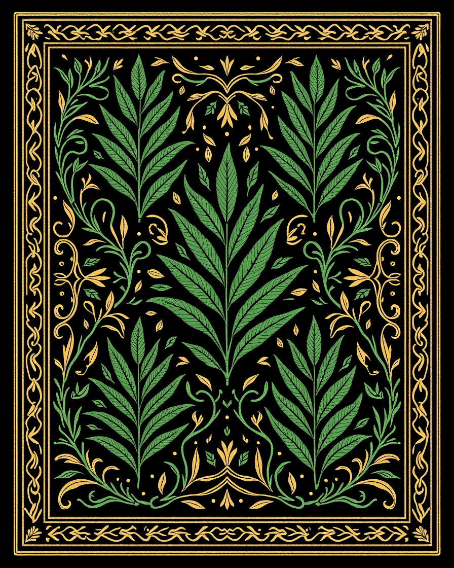 Vintage Green Golden Leaf Border Rug