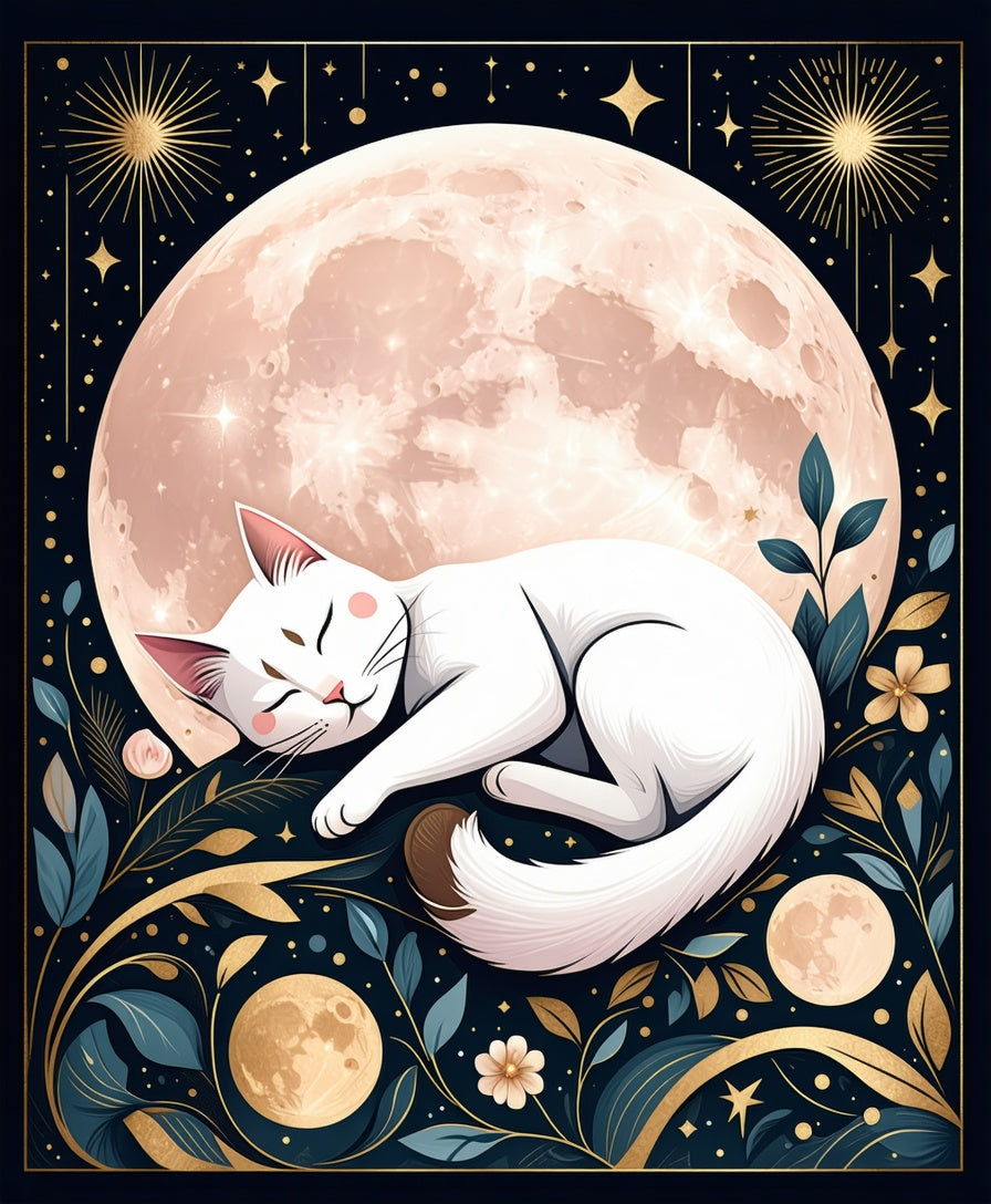 Celestial White Cat Moon Garden Rug