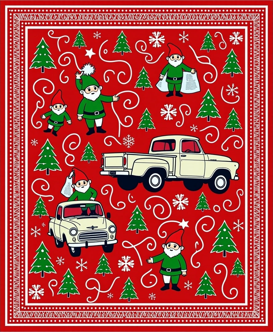 Festive Red Gnomes Trucks Christmas Trees Rug