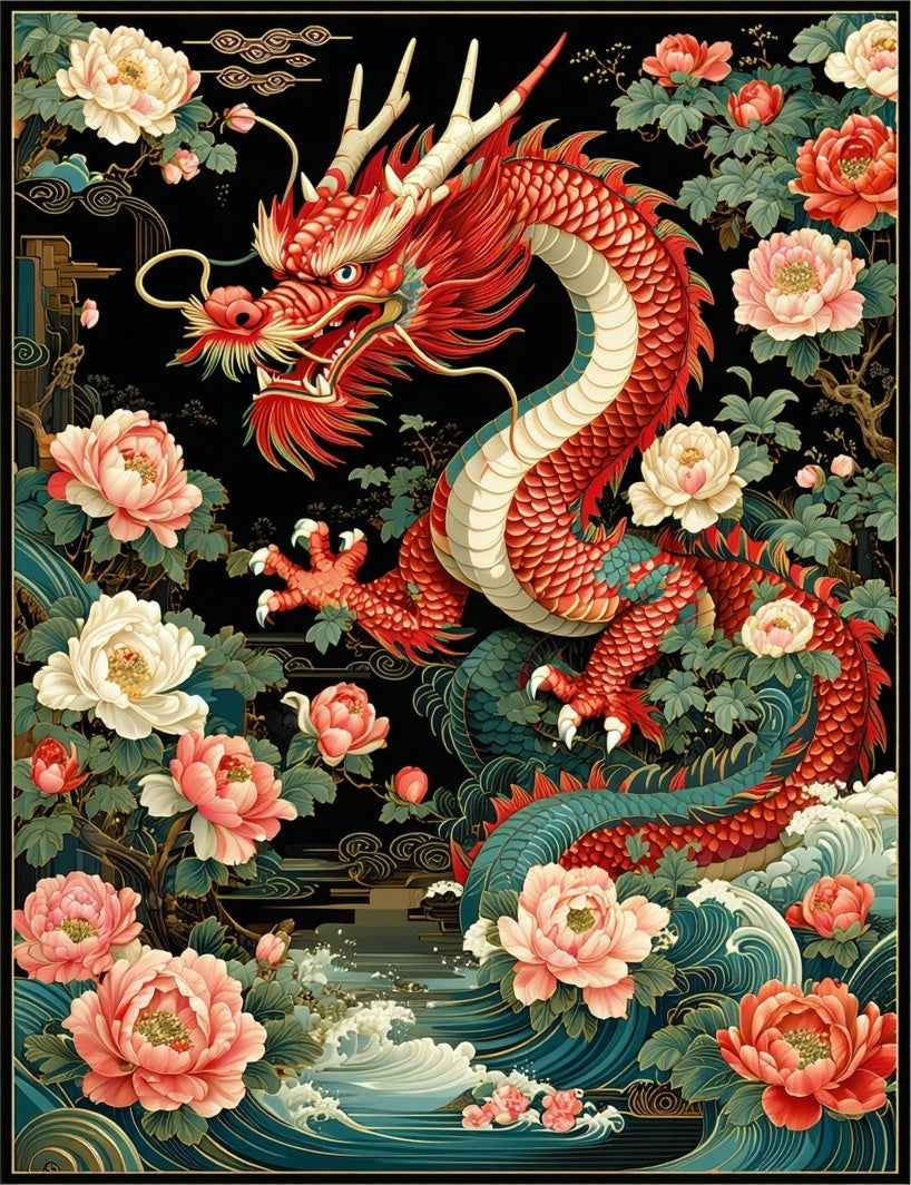 Red Dragon With Pink Floral Design Rug