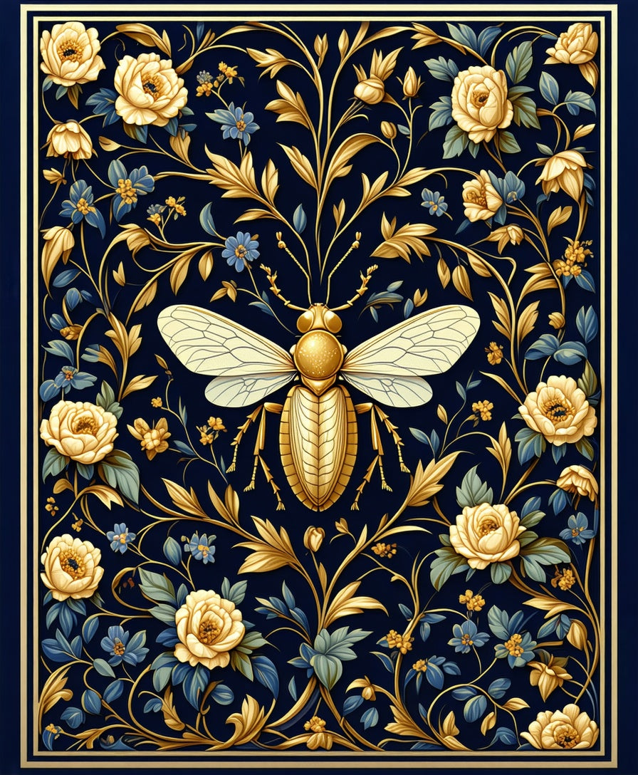 Golden Bee Floral Navy Rug
