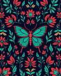 Floral Butterfly Teal Coral Pattern Rug