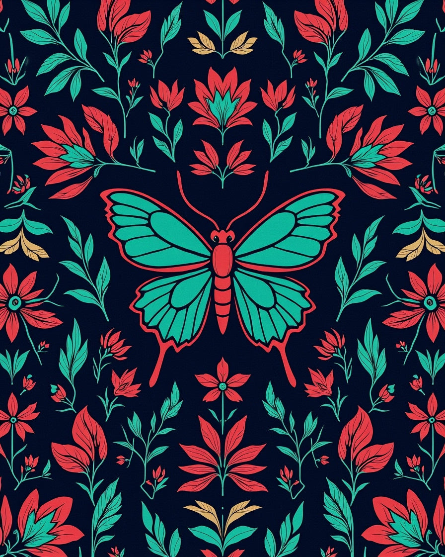 Floral Butterfly Teal Coral Pattern Rug