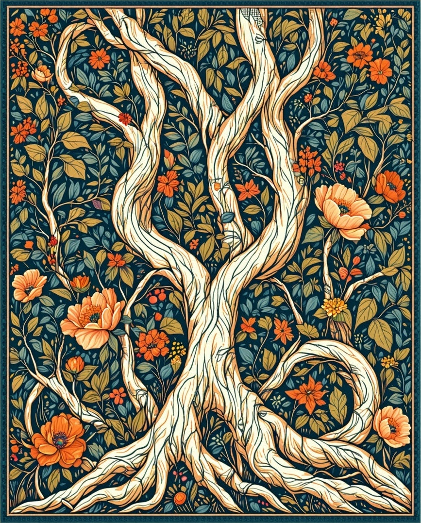 Whimsical Tree With Floral Pattern Rug