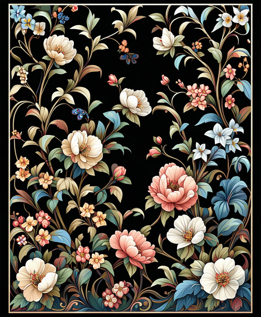 Dark Floral Vines Blossoms Rug