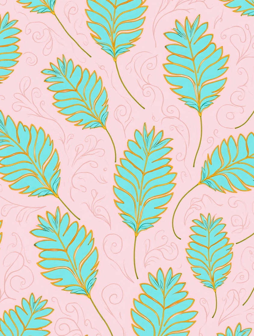 Aqua Leaf Pattern on Light Pink Background Rug