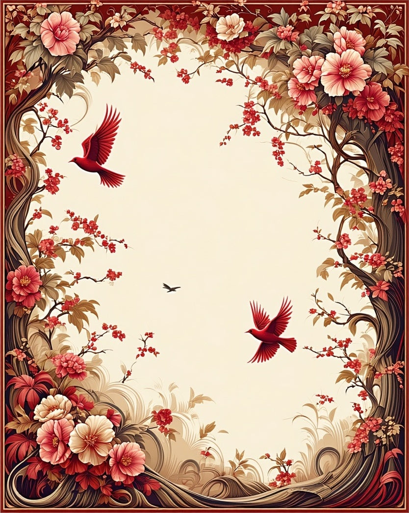 Red Birds Cherry Blossoms Design Rug