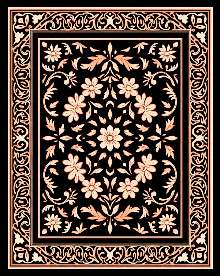 Ornate Floral Scrollwork Black Rug
