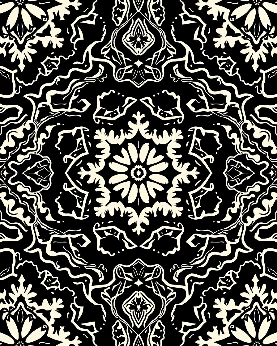 Intricate Black White Floral Pattern Rug