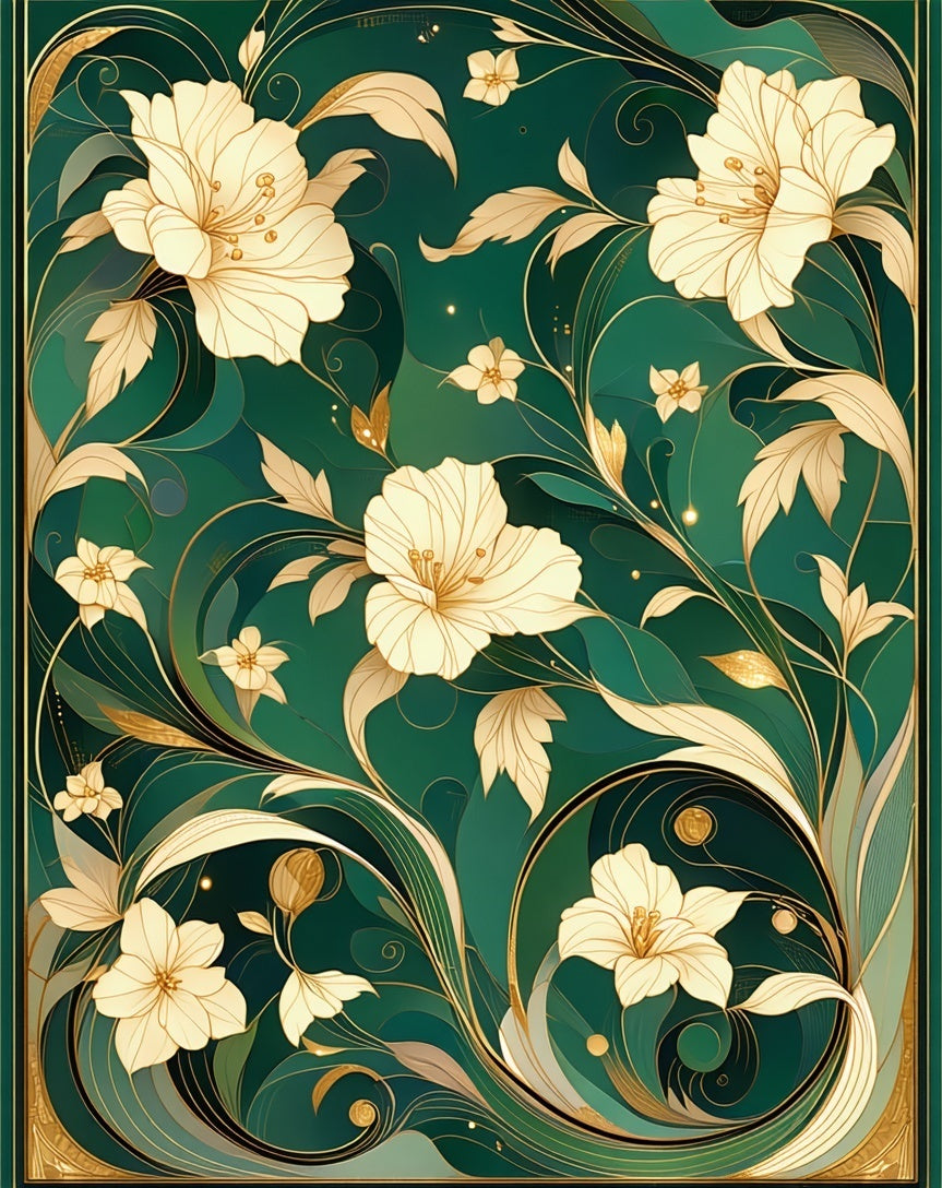 Ornate Green Gold Floral Swirl Rug