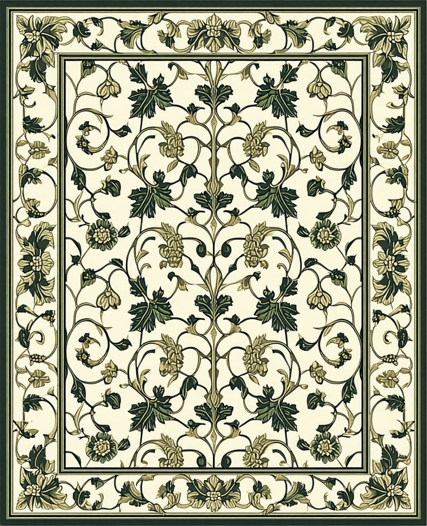 Floral Vine Bordered Cream Rug