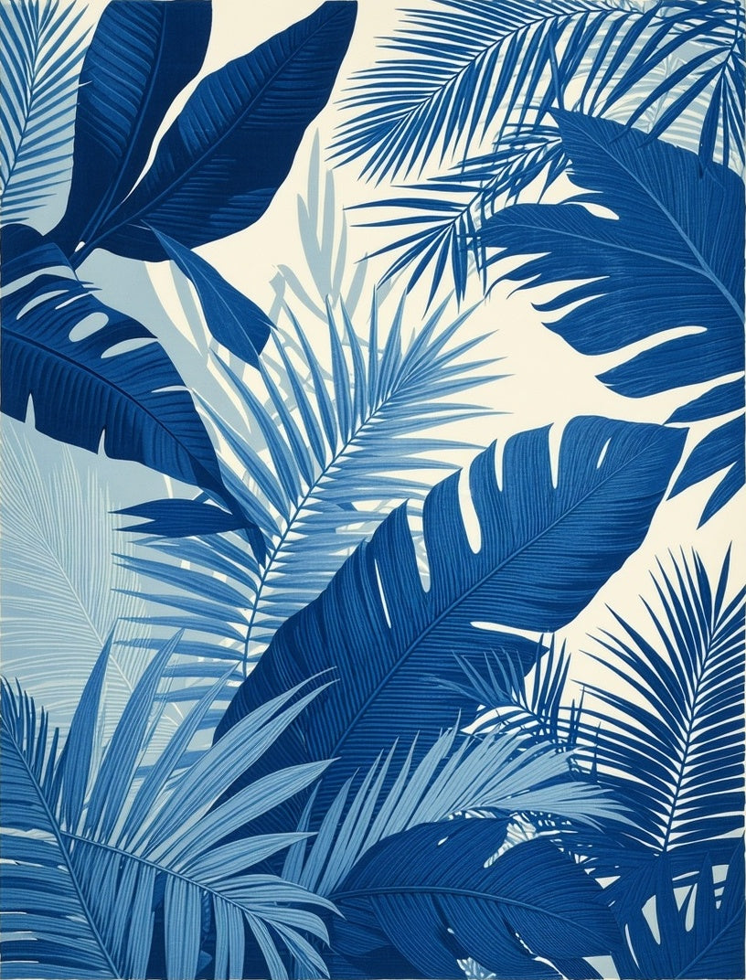 Tropical Leaf Patterned Indigo Design Rug