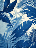Tropical Leaf Patterned Indigo Design Rug