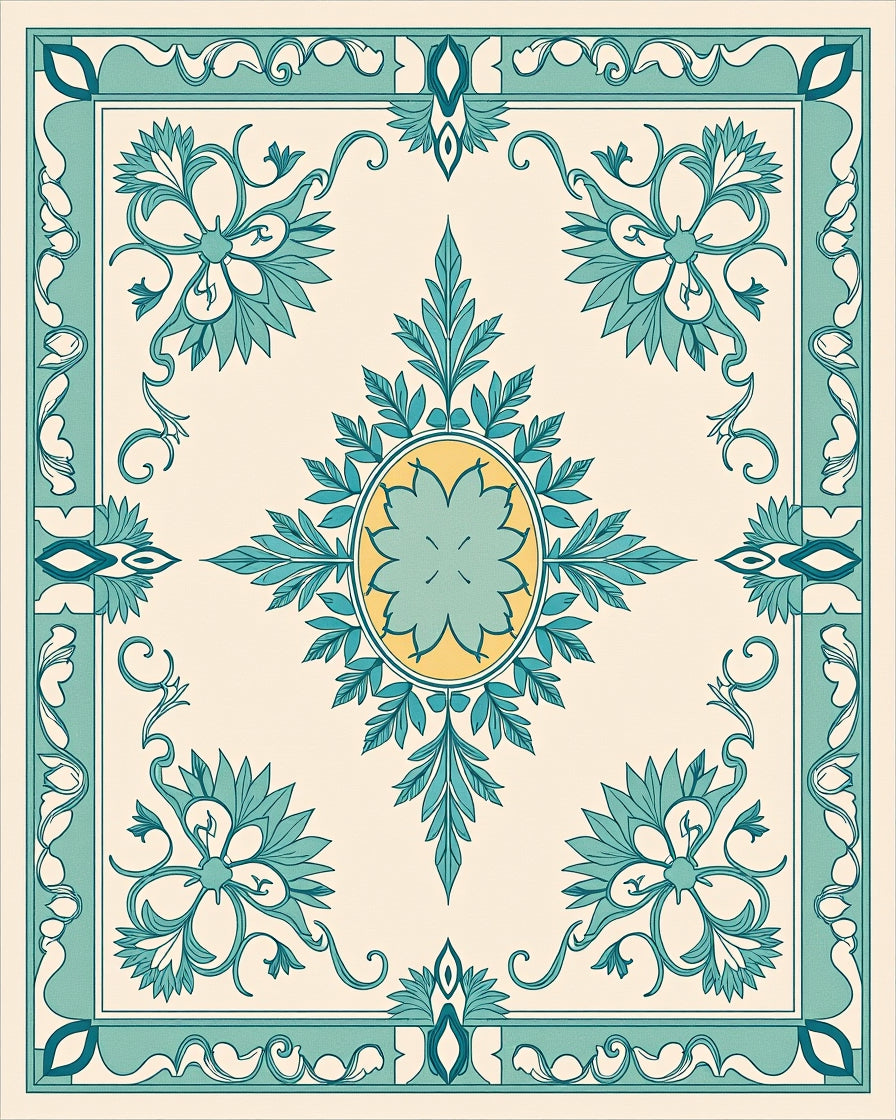 Aqua Teal Floral Crest Medallion Rug