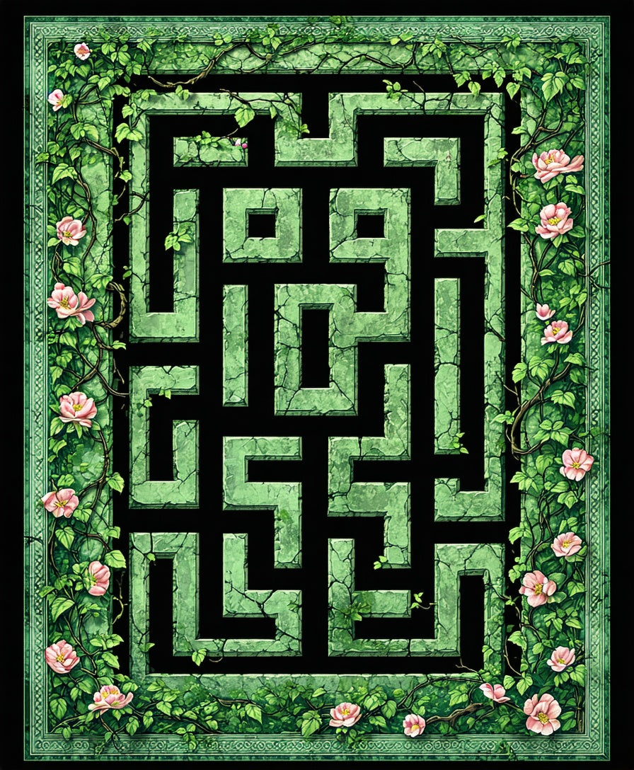 Green Maze With Pink Floral Vines Rug