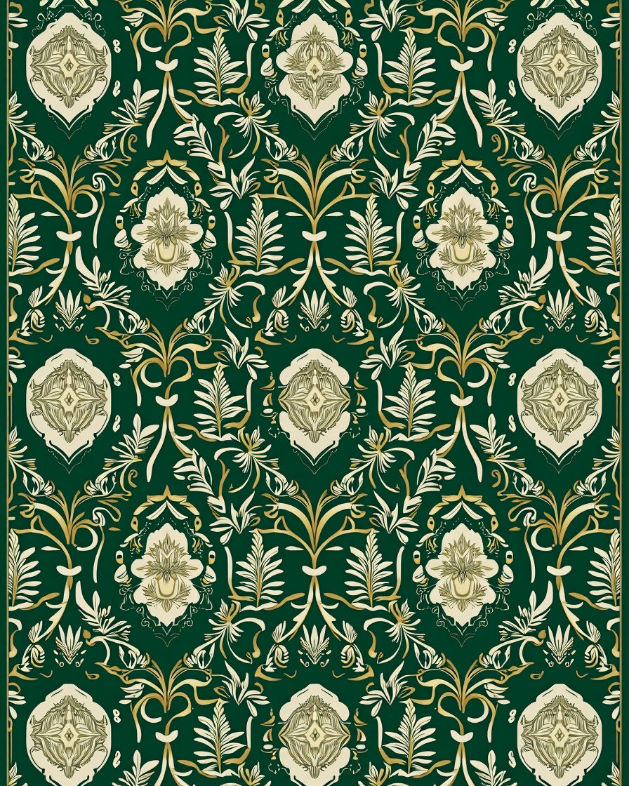 Ornate Floral Patterned Deep Green Rug