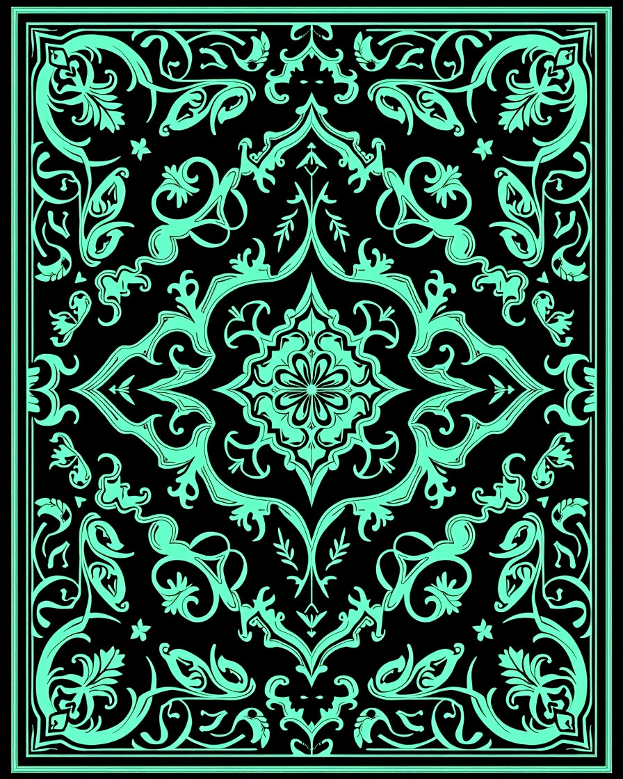 Aqua Floral Medallion Black Border Rug