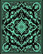 Aqua Floral Medallion Black Border Rug