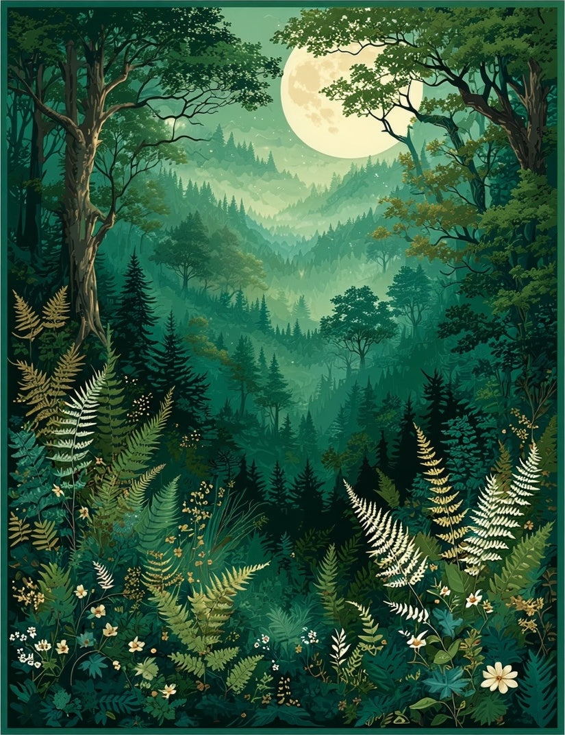 Enchanted Forest Night Moon Ferns Rug