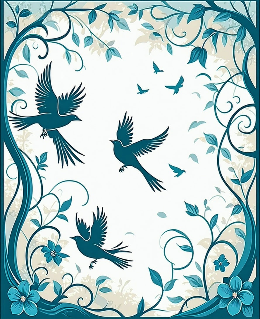 Teal Birds and Flora Scroll Design Rug