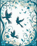 Teal Birds and Flora Scroll Design Rug