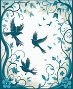 Teal Birds and Flora Scroll Design Rug