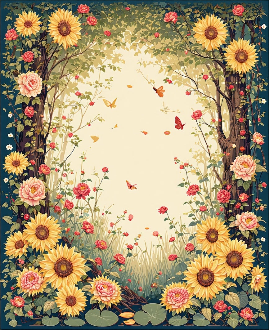 Golden Sunflower Rose Garden Scene Rug