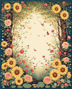 Golden Sunflower Rose Garden Scene Rug