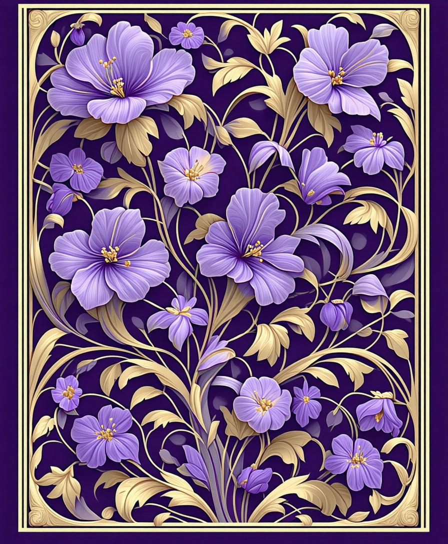 Lavish Purple Floral Golden Vine Rug