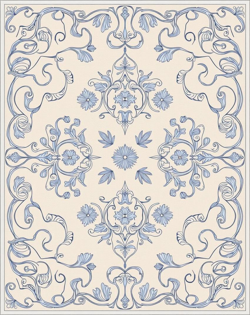 Blue Floral Symmetry Patterned Rug