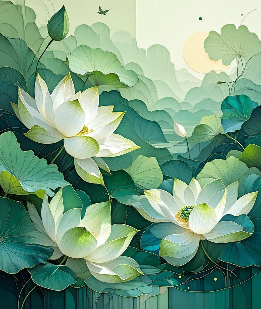 Serene White Lotus Pond Garden Design Rug
